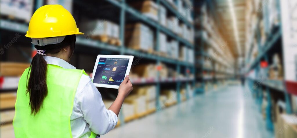 Smart Warehouse Management Systemworker Hands Holding Tablet Blurred Warehouse As Background 12892 116